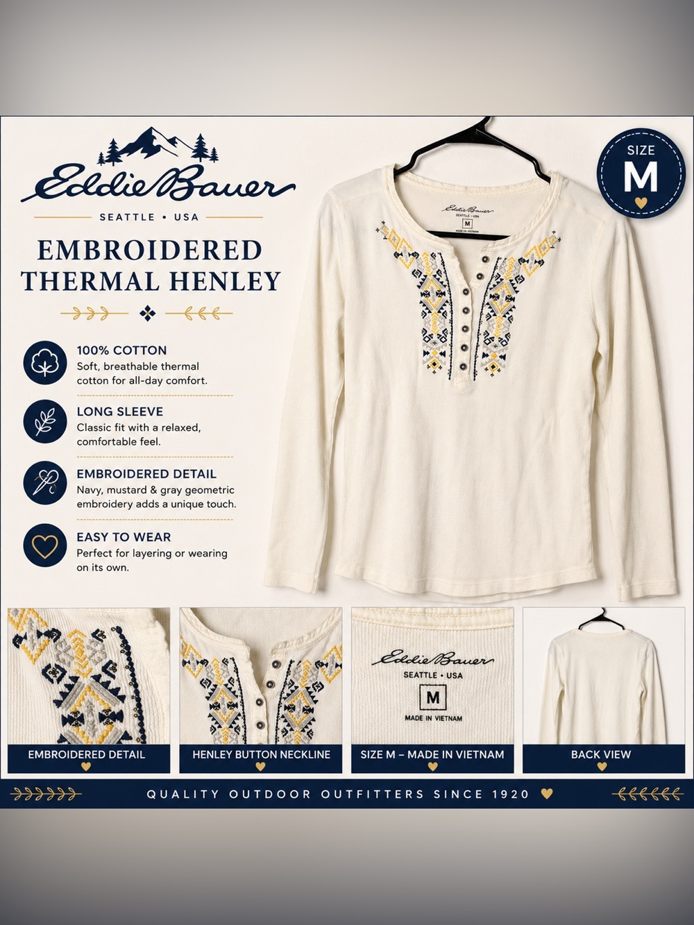 Eddie Bauer Women's Cream Embroidered Thermal Henley M
